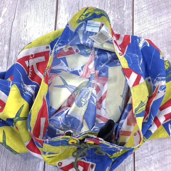 Columbia PFG Board Shorts Mens 32 Blue Yellow Pull On Swim Surf Beach Trunks - Picture 5 of 7